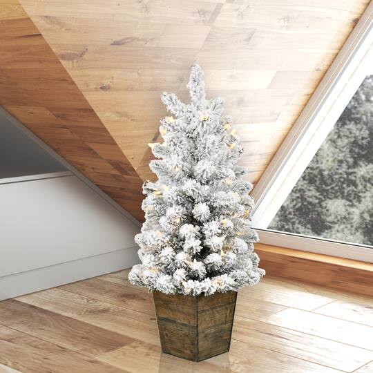 3ft. Pre-Lit Flocked Gifford Slim Potted Pine Artificial Christmas Tree, Warm White LED Lights